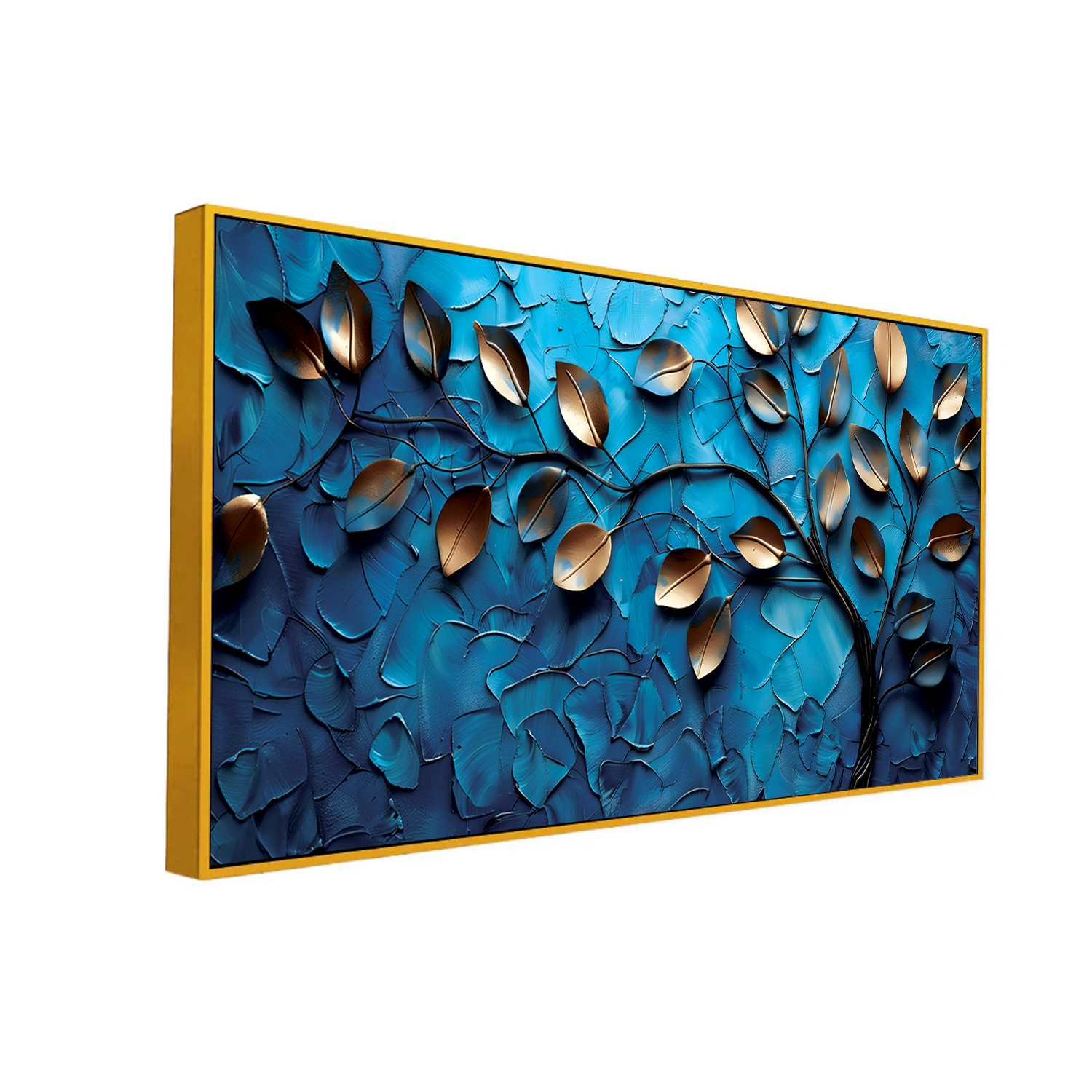 Luxurious 3D Golden Leaf Wall Art – Metallic Leaves on Textured Blue Background for Contemporary Decor