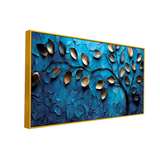Luxurious 3D Golden Leaf Wall Art – Metallic Leaves on Textured Blue Background for Contemporary Decor