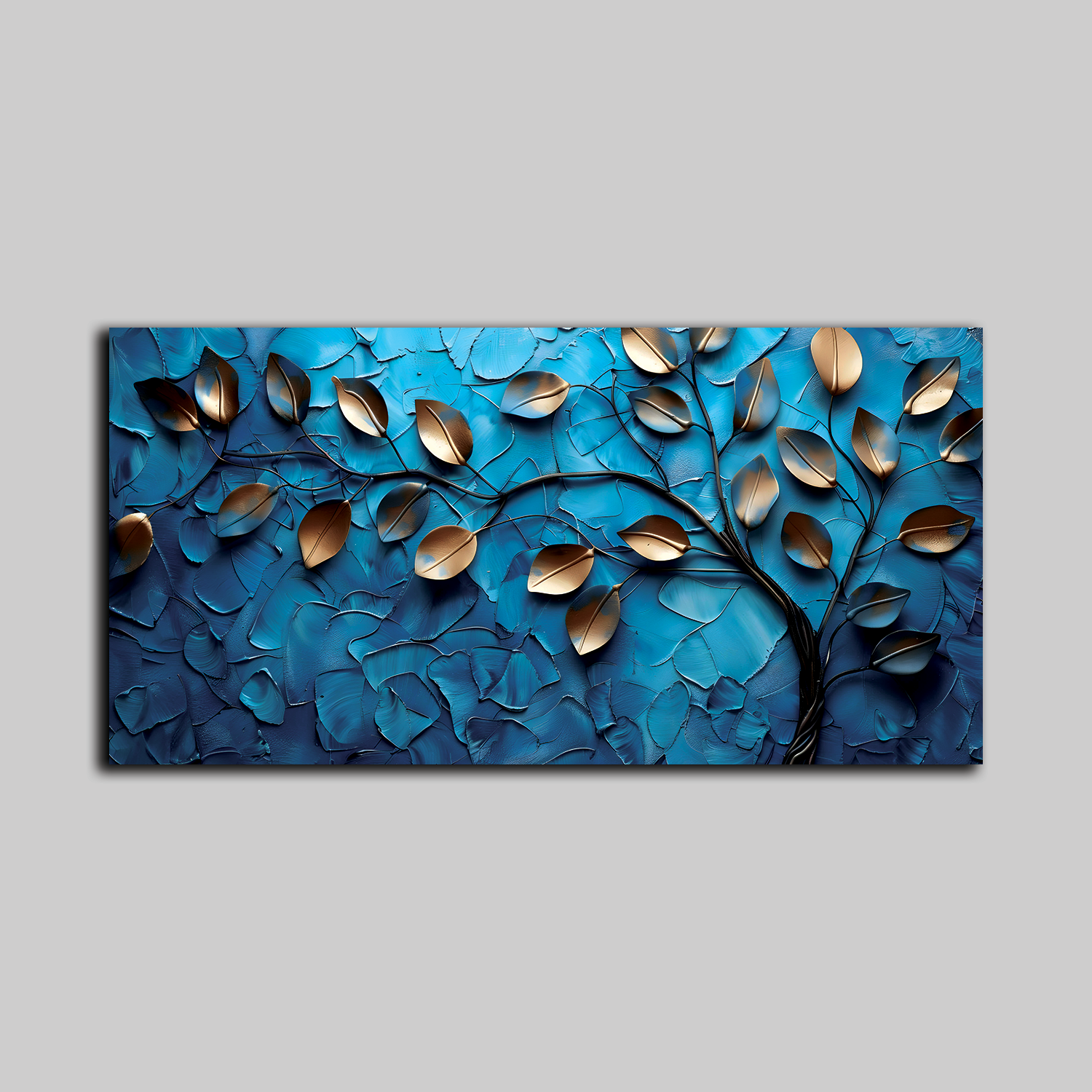 Luxurious 3D Golden Leaf Wall Art – Metallic Leaves on Textured Blue Background for Contemporary Decor
