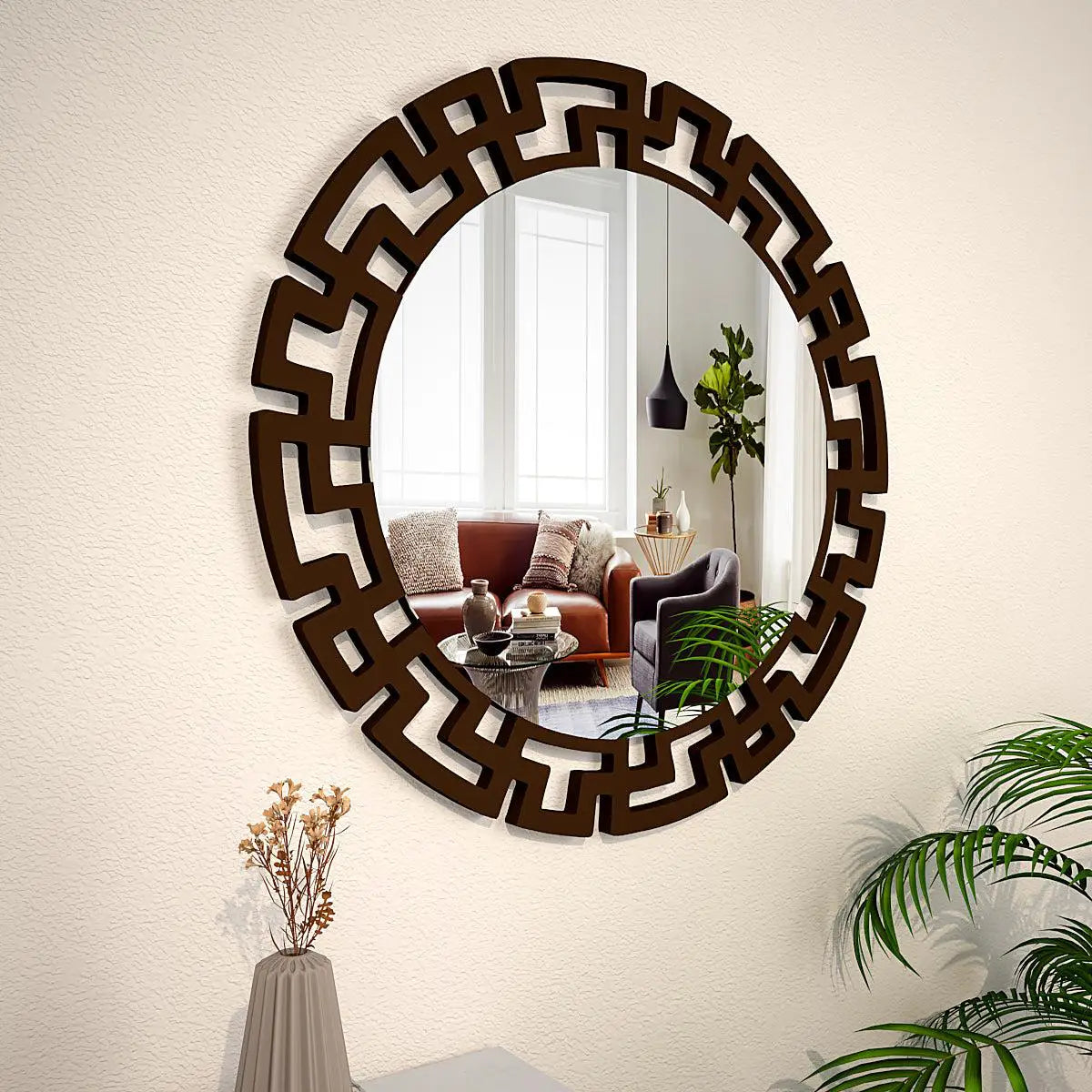 Modern Decorative Brown Round Vanity Mirror