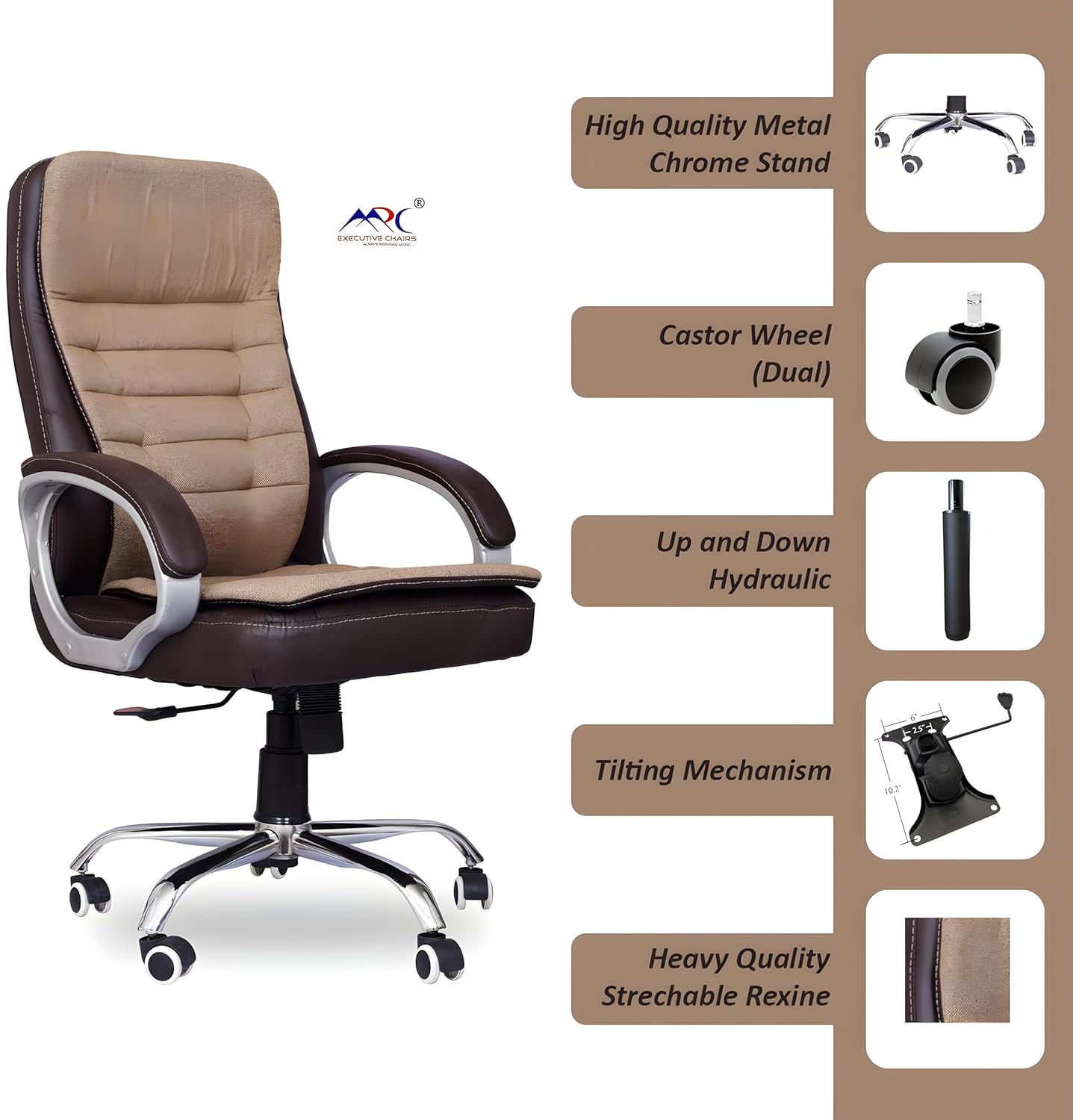 Brown & Cream Leatherette Revolving Office Chair | 360° Swivel & Tilting Locking Mechanism | Chrome Stand