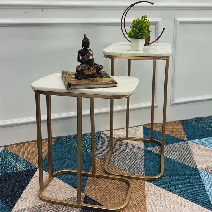 Tehran Rectangle Iron Stand Side Marble Table Set of 2