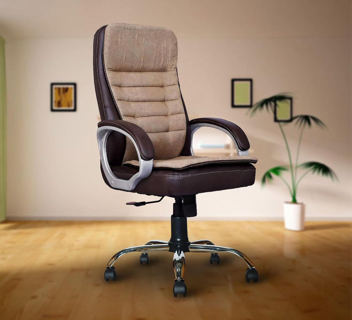 Brown & Cream Leatherette Revolving Office Chair | 360° Swivel & Tilting Locking Mechanism | Chrome Stand