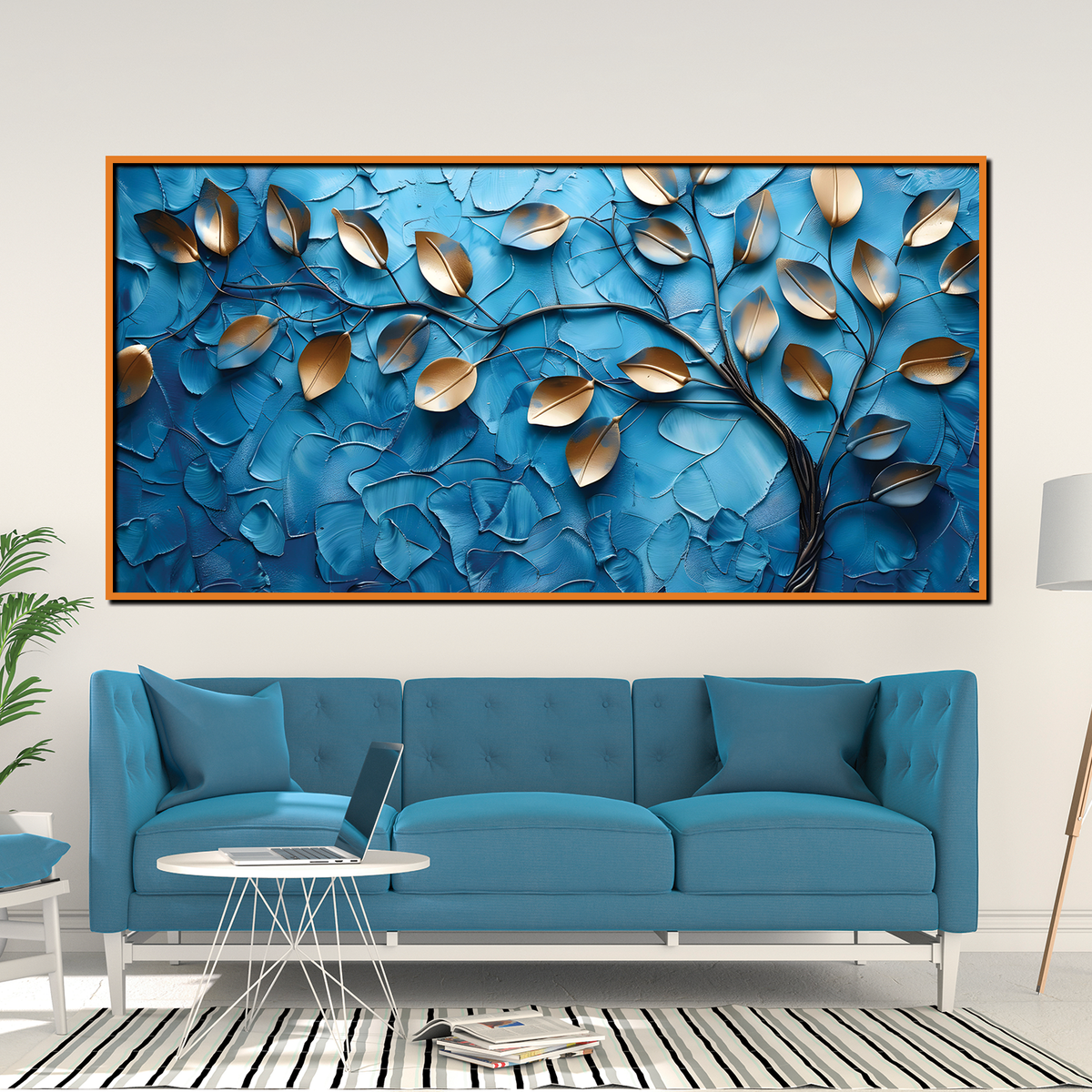Luxurious 3D Golden Leaf Wall Art – Metallic Leaves on Textured Blue Background for Contemporary Decor
