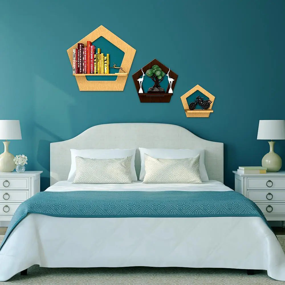 Pentagon Shape Wood Wall Shelf / Book Shelf,Walnut and Oak Finish
