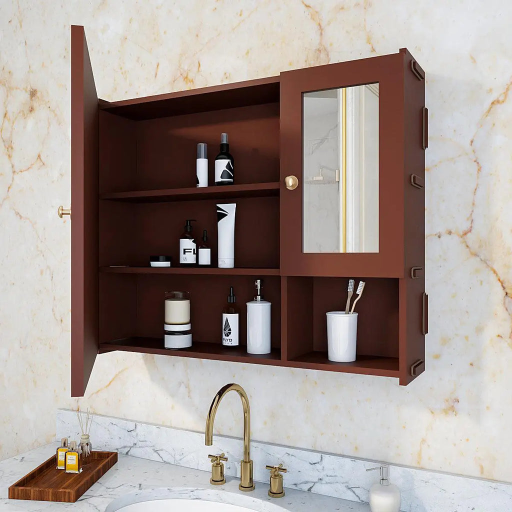 Luxury Stylish Wooden Bathroom Storage Cabinet with Mirrors & 5 Spacious Shelves with Brown Finish