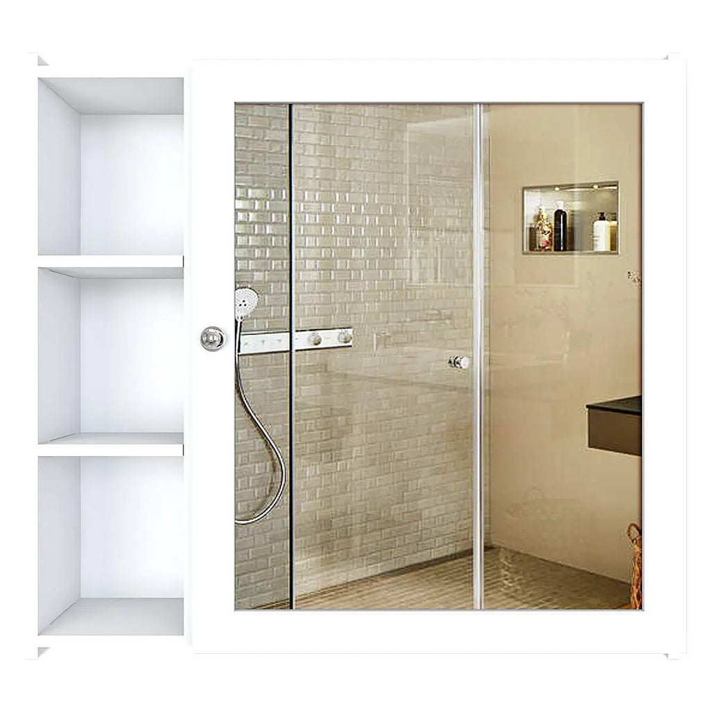 Minimal Design Wooden Bathroom Cabinet Mirror with 5 Spacious Shelves with White Finish