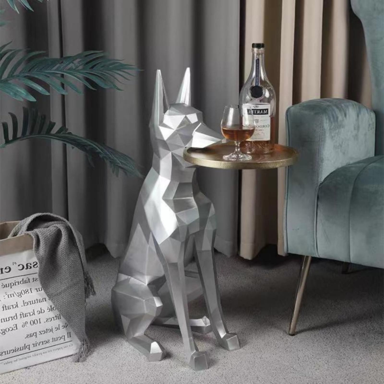 Dog Luna Diamond Decorative Showpiece with Tray in Gray Color