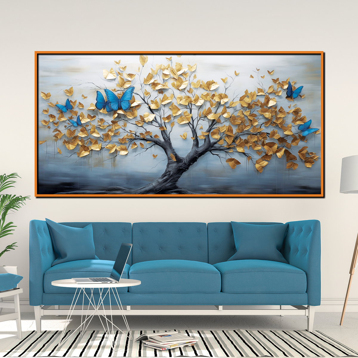 Elegant Golden Tree Wall Art with Blue Butterflies – 3D Textured Canvas Painting