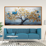 Elegant Golden Tree Wall Art with Blue Butterflies – 3D Textured Canvas Painting