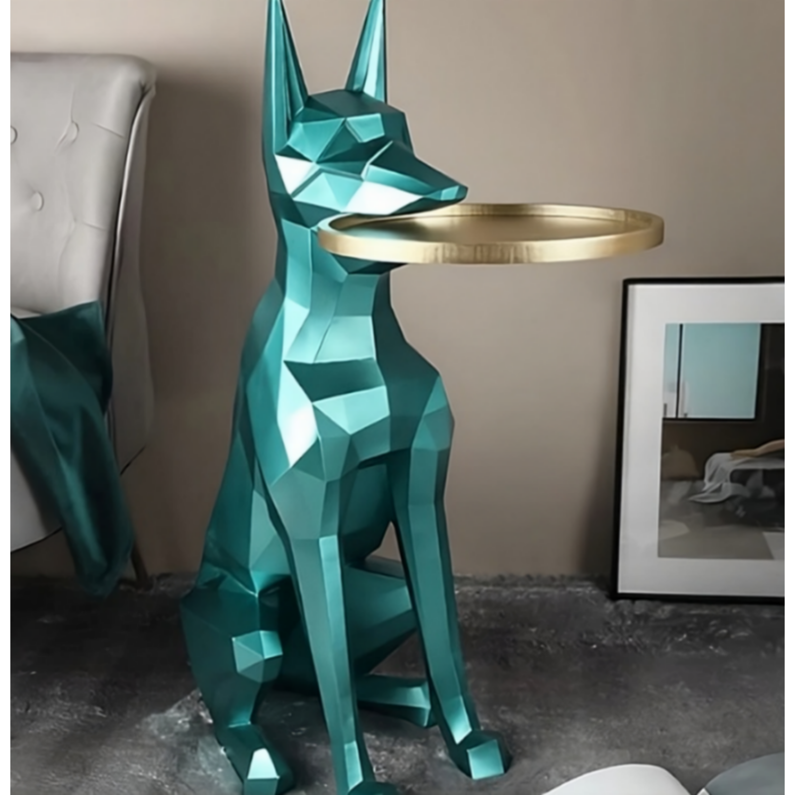 Dog Luna Diamond Decorative Showpiece with Tray in Green Color