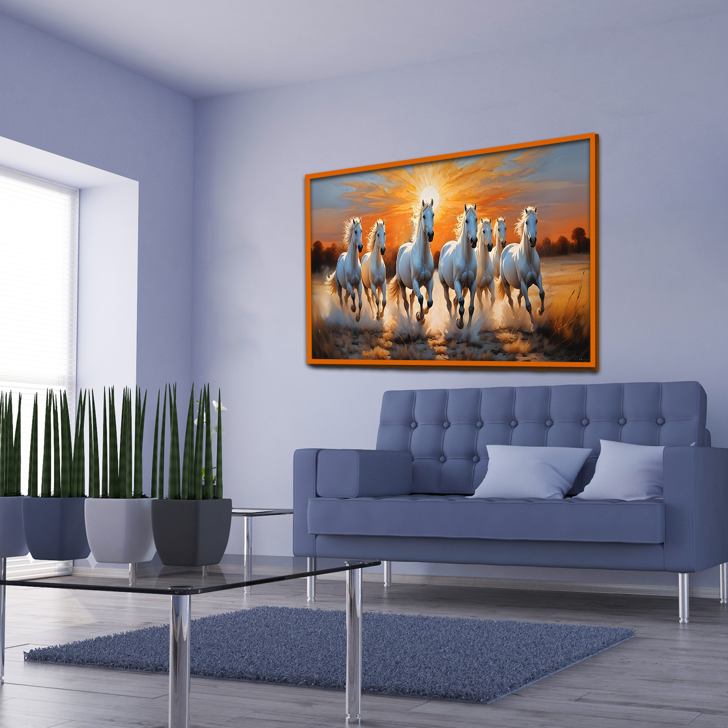 Premium Design Seven Running Horses With Sunrise Canvas Wall Paintings