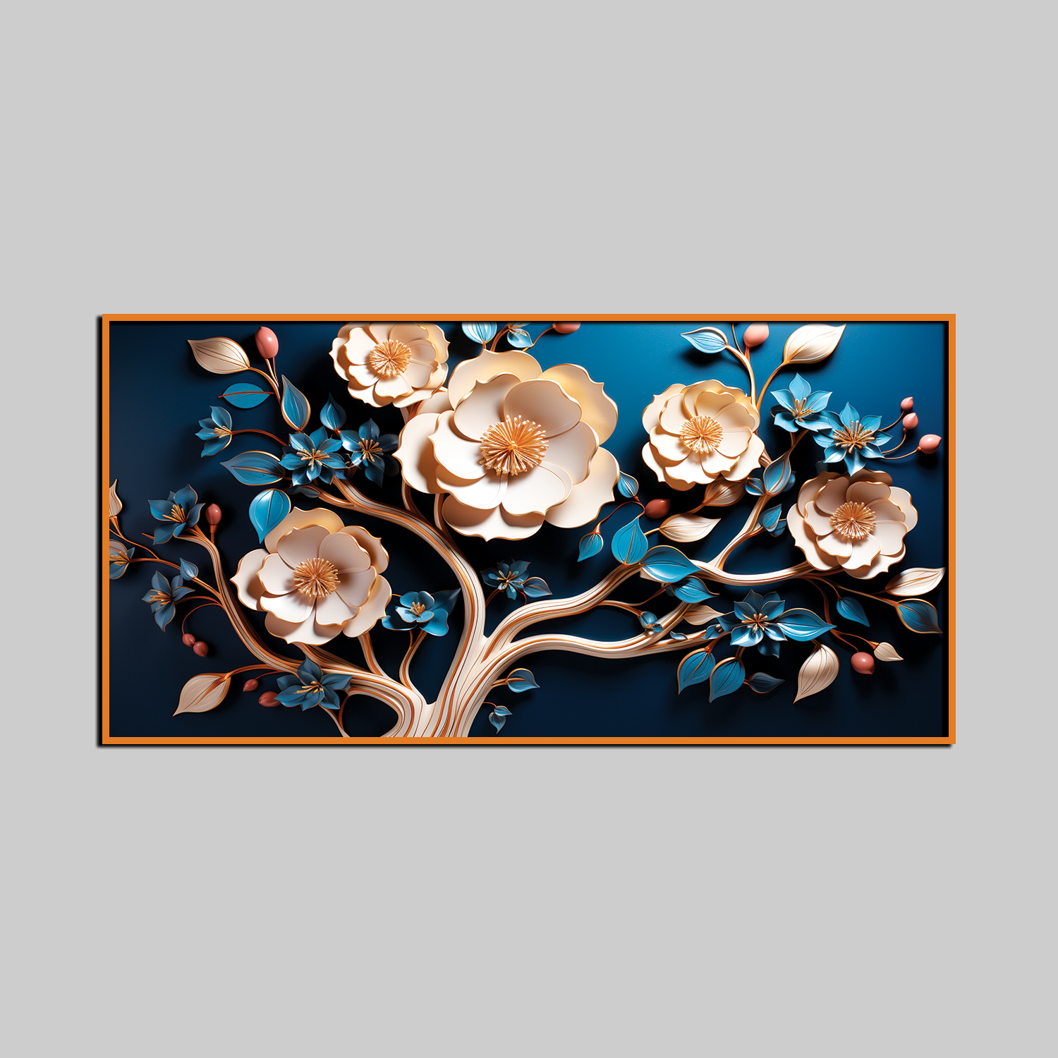 Luxury Floral Wall Art – 3D Gold and Blue Blossom Tree on Deep Blue Canvas