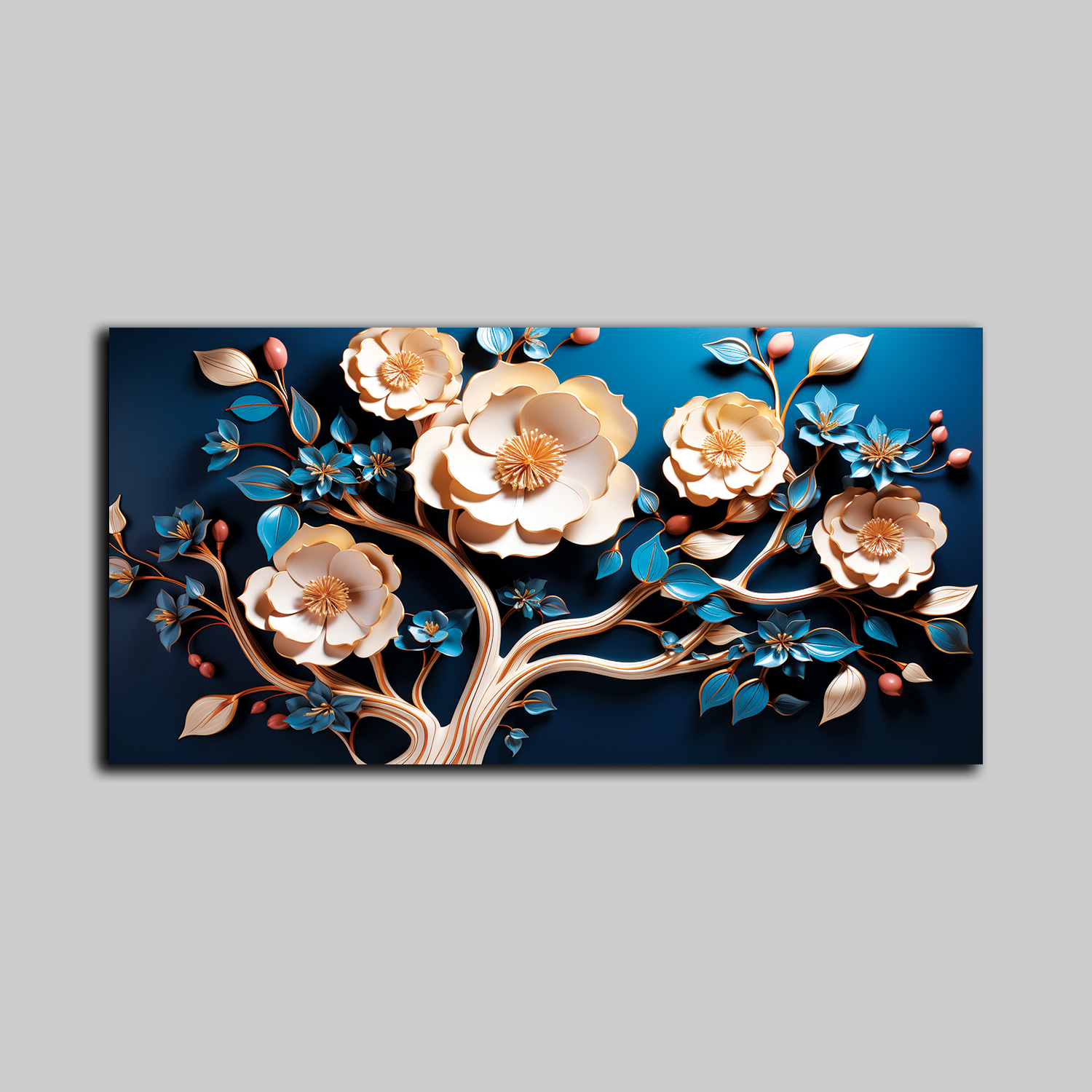 Luxury Floral Wall Art – 3D Gold and Blue Blossom Tree on Deep Blue Canvas