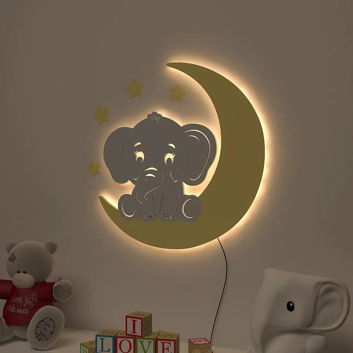 Playful Elephant & Moon Backlit Wooden Wall Décor
