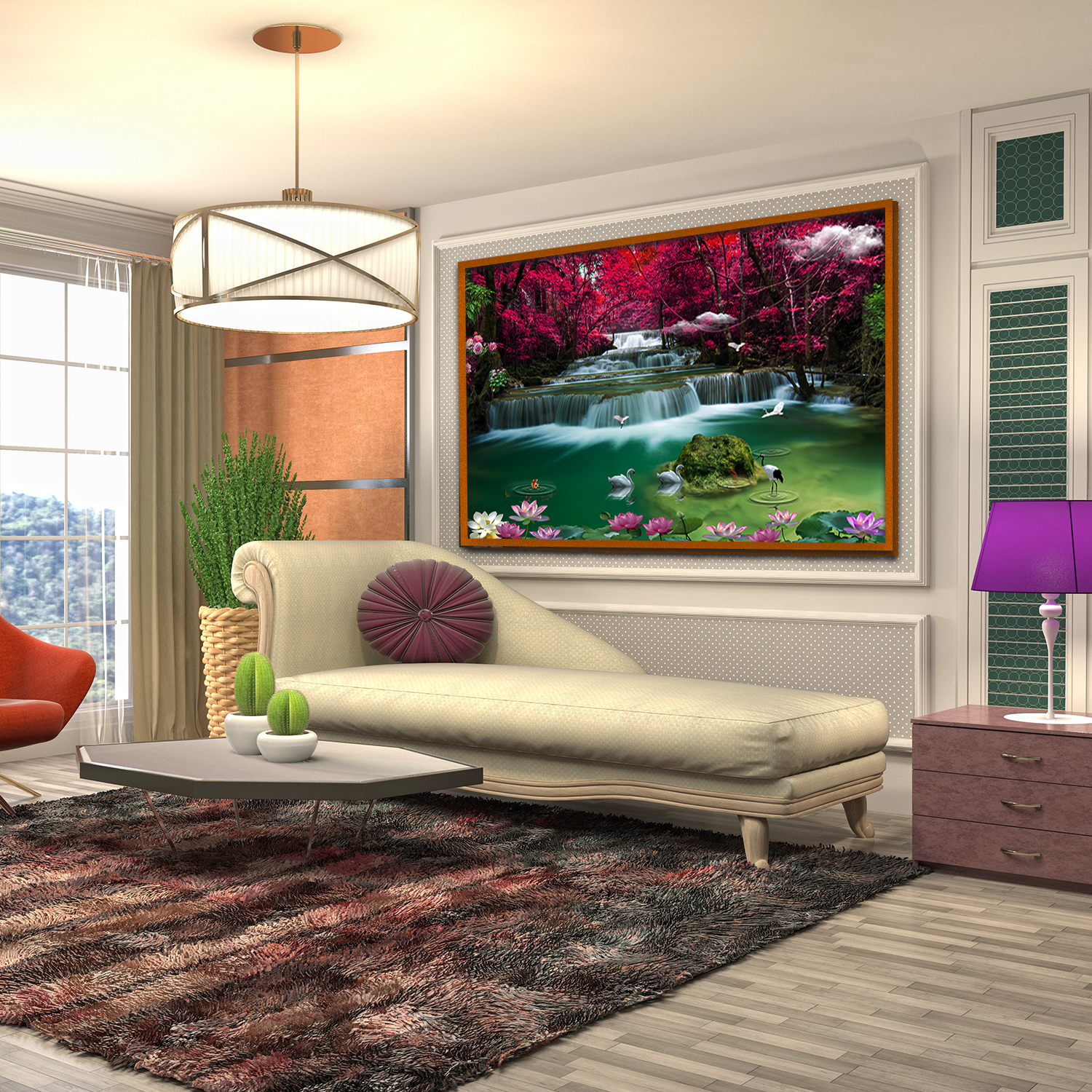 Beautiful Garden with Pink White Flowers Petals Waterfall with Access Lake Wall Paintings
