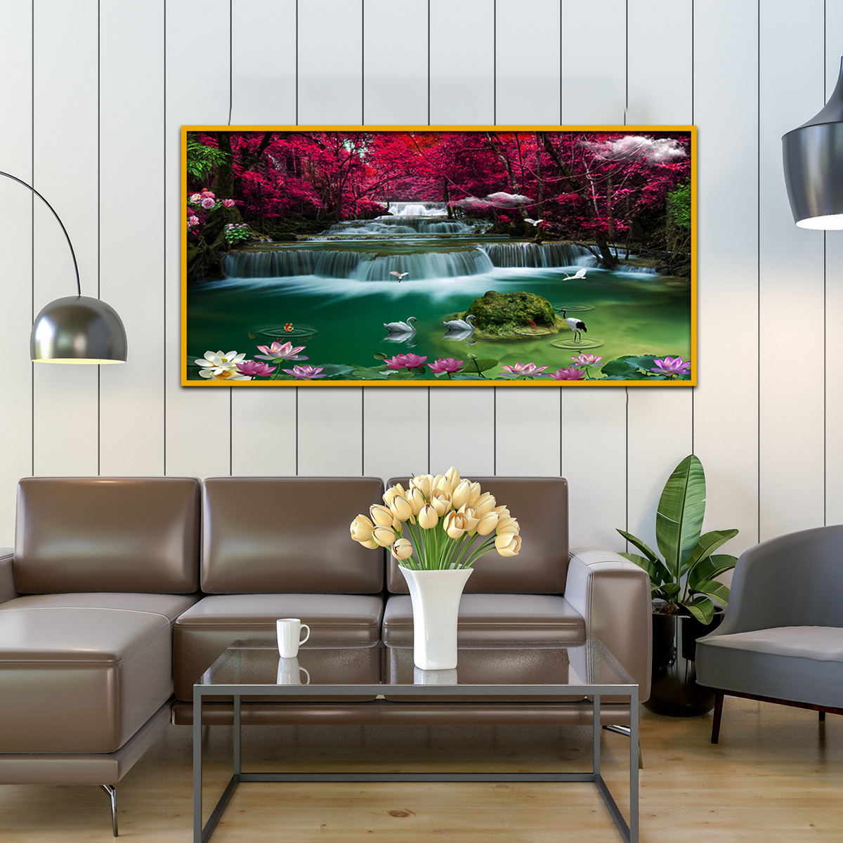 Beautiful Garden with Pink White Flowers Petals Waterfall with Access Lake Wall Paintings