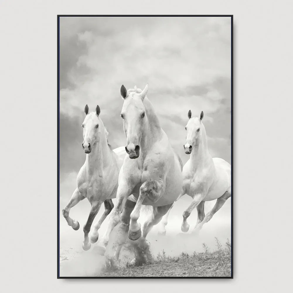 Monochromic White Running Horses Framed Wall Art