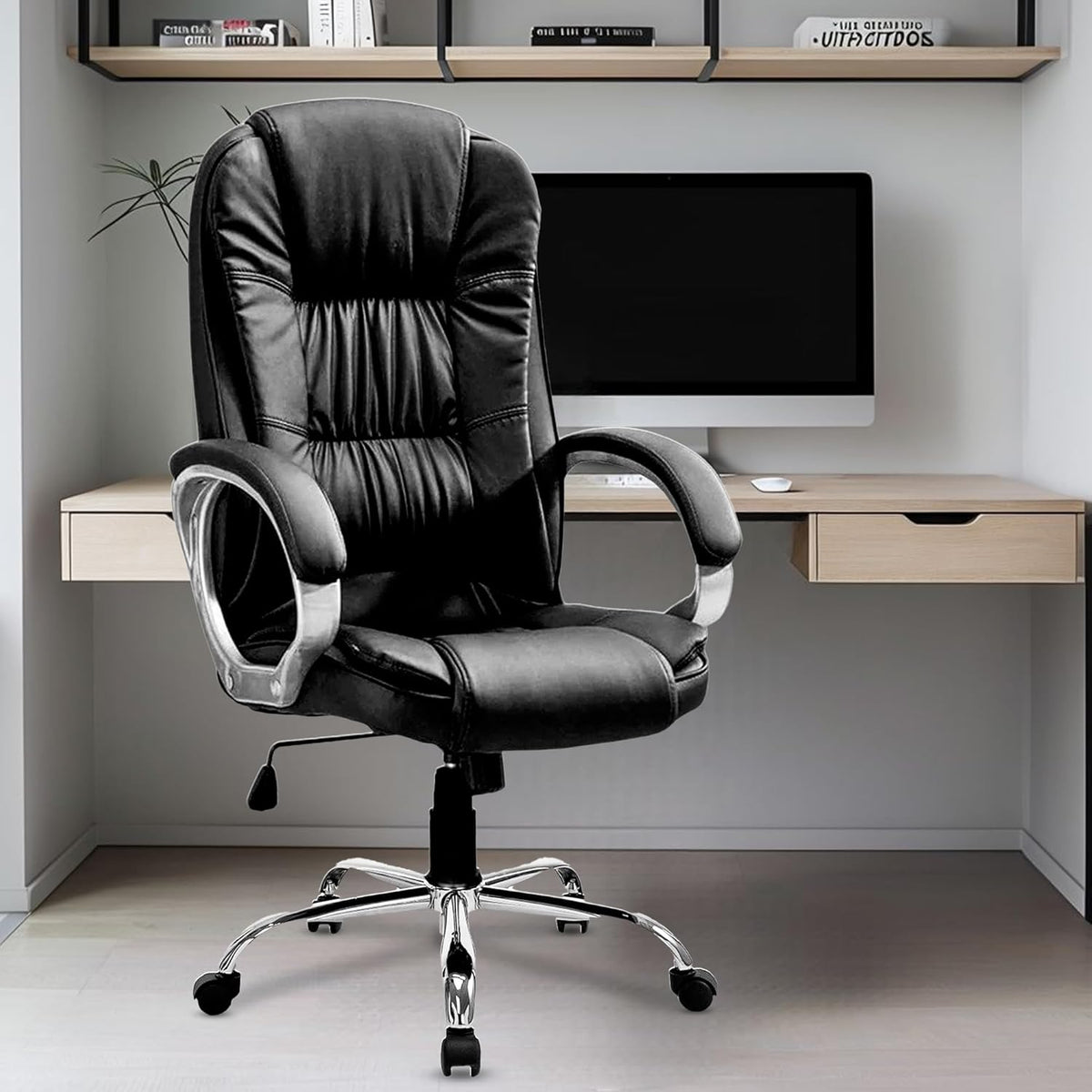 Black Leatherette High Back Office Chair | Ergonomic Desk Swivel Seat | Heavy Duty Chrome Base