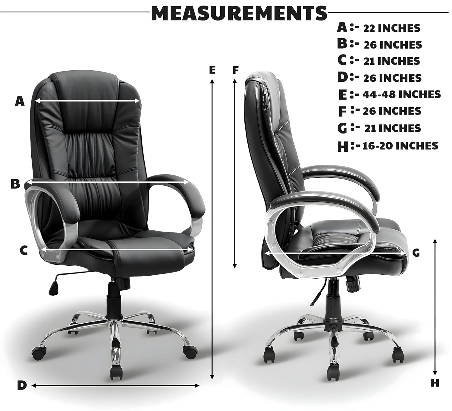 Black Leatherette High Back Office Chair | Ergonomic Desk Swivel Seat | Heavy Duty Chrome Base