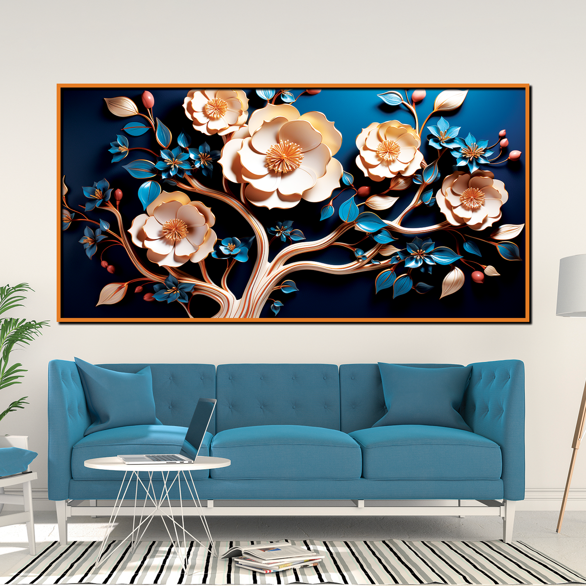 Luxury Floral Wall Art – 3D Gold and Blue Blossom Tree on Deep Blue Canvas