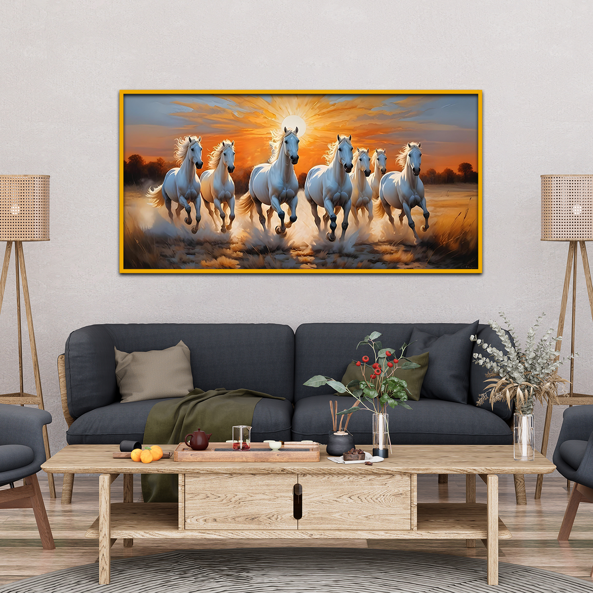 Premium Design Seven Running Horses With Sunrise Canvas Wall Paintings