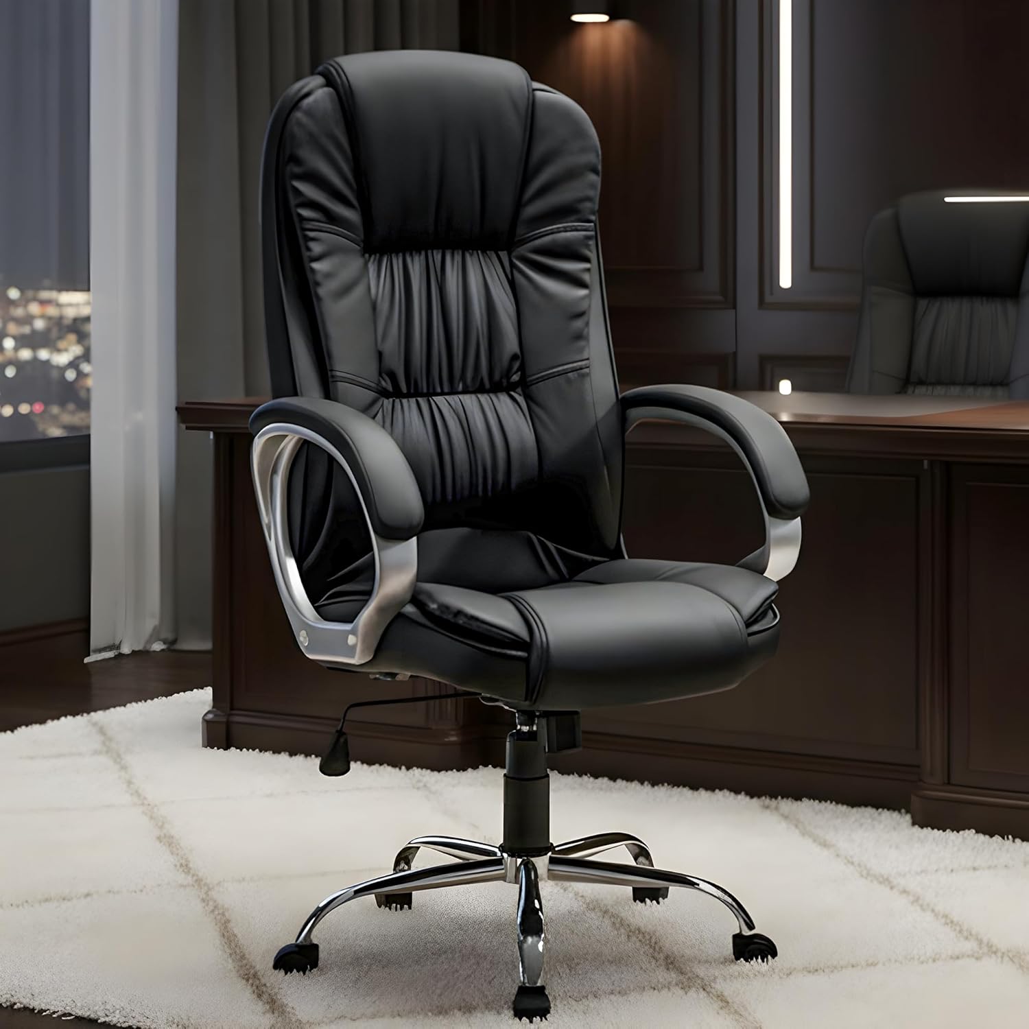 Black Leatherette High Back Office Chair | Ergonomic Desk Swivel Seat | Heavy Duty Chrome Base
