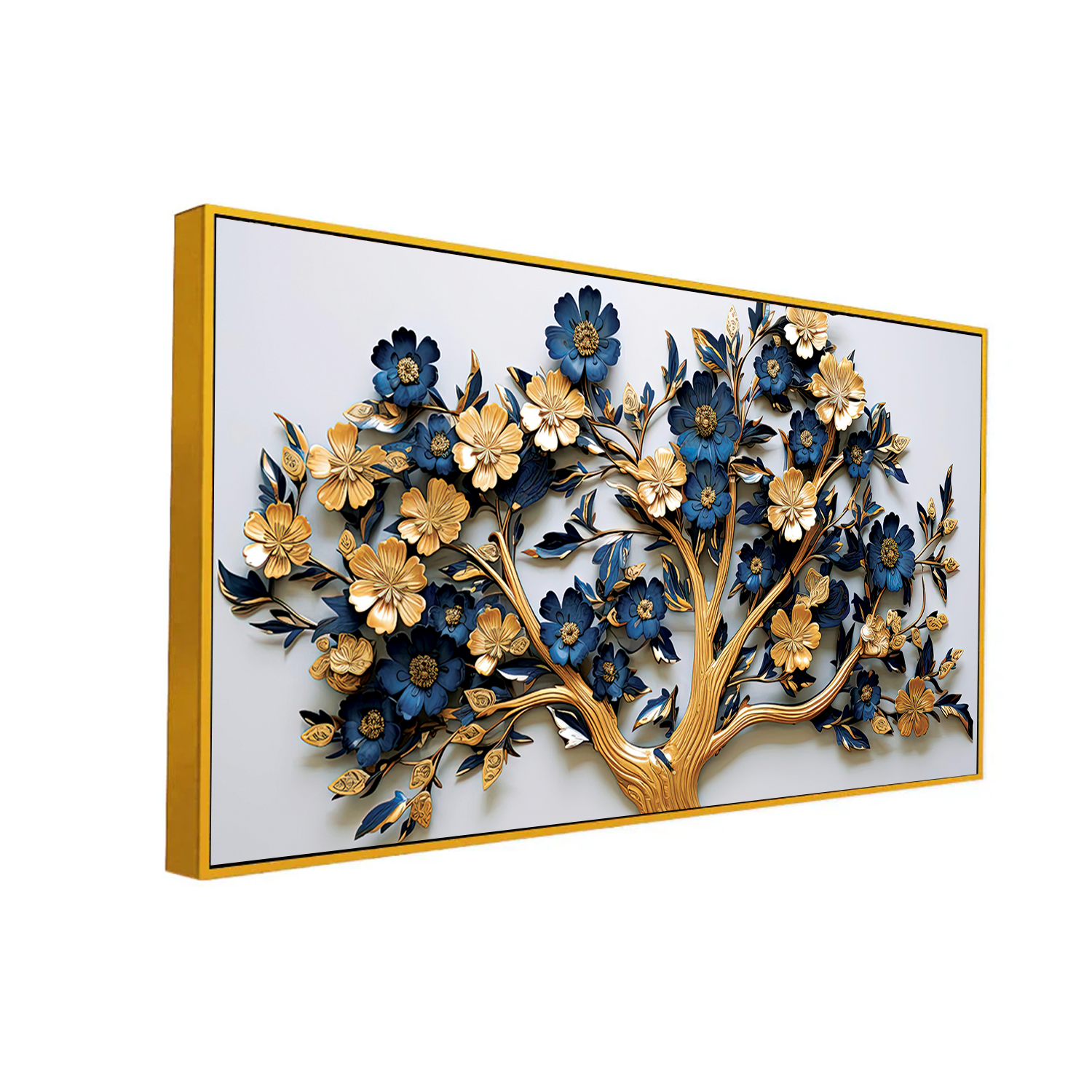 Elegant 3D Floral Tree Wall Art – Gold and Navy Blue Blossoms on White Canvas
