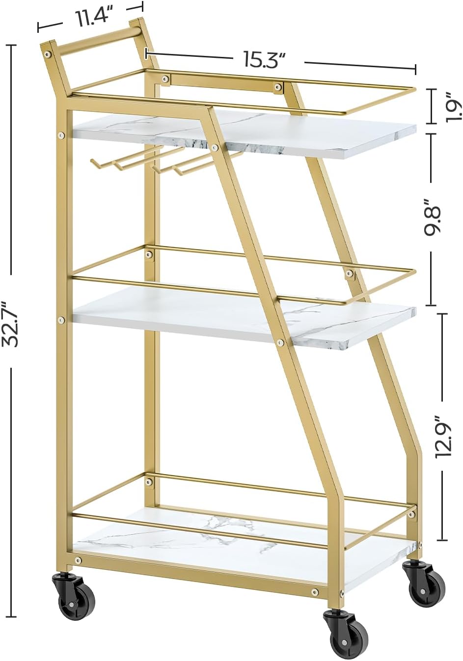 3 Tier Kitchen Bar Trolley In White Gold Finish