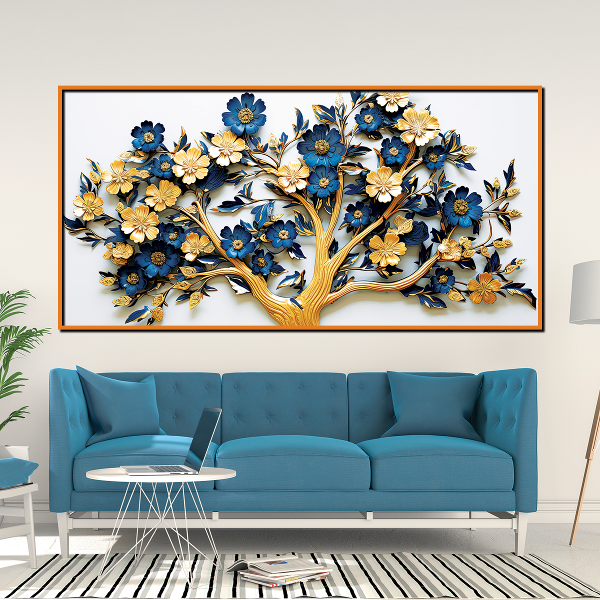 Elegant 3D Floral Tree Wall Art – Gold and Navy Blue Blossoms on White Canvas