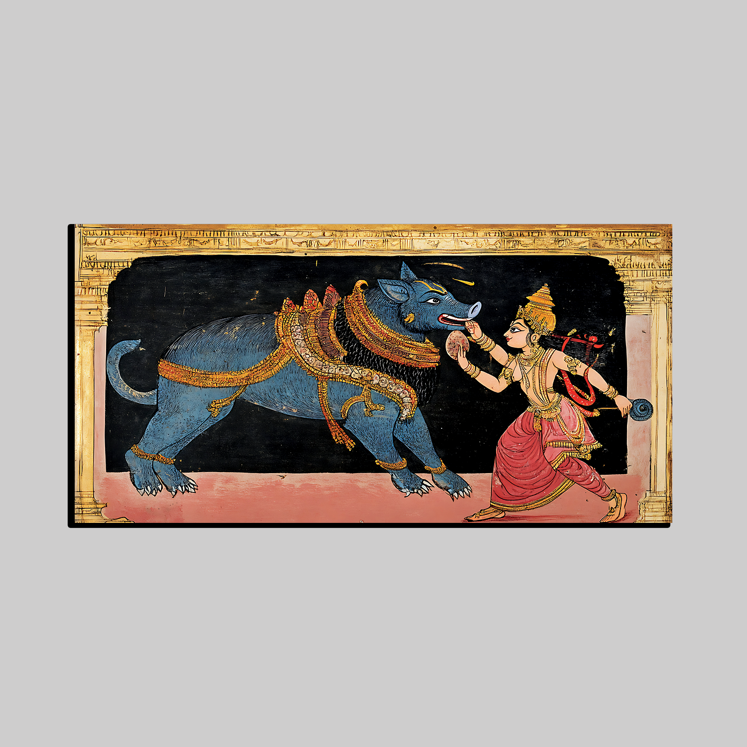 Traditional Indian Mythological Wall Art – Goddess Slaying Demon in Pattachitra-Style Painting