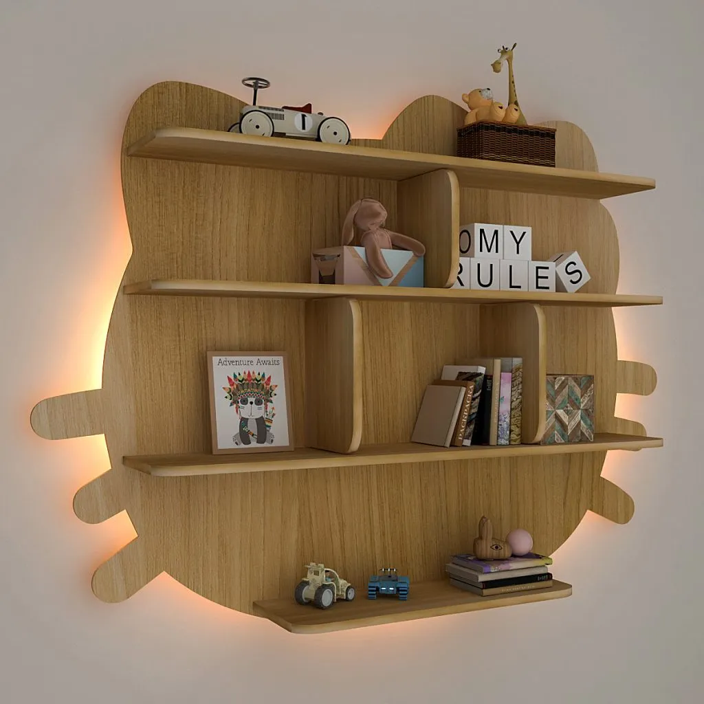 Cat Shape Backlit Wood Wall Shelf / Book Shelf / Night Light, Oak Finish
