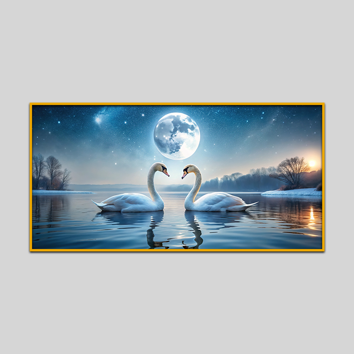 Romantic Scenery Swans Birds Frozen Lake Full Moon Winter Night
