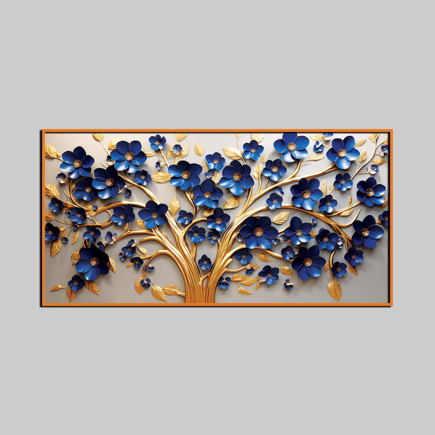 Stunning 3D Golden Tree Wall Art – Deep Blue Blossoms with Gold Accents on Light Canvas