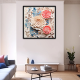 3D Floral Wall Art – Layered Beige and Coral Paper Flowers with Botanical Accents in Black Frame