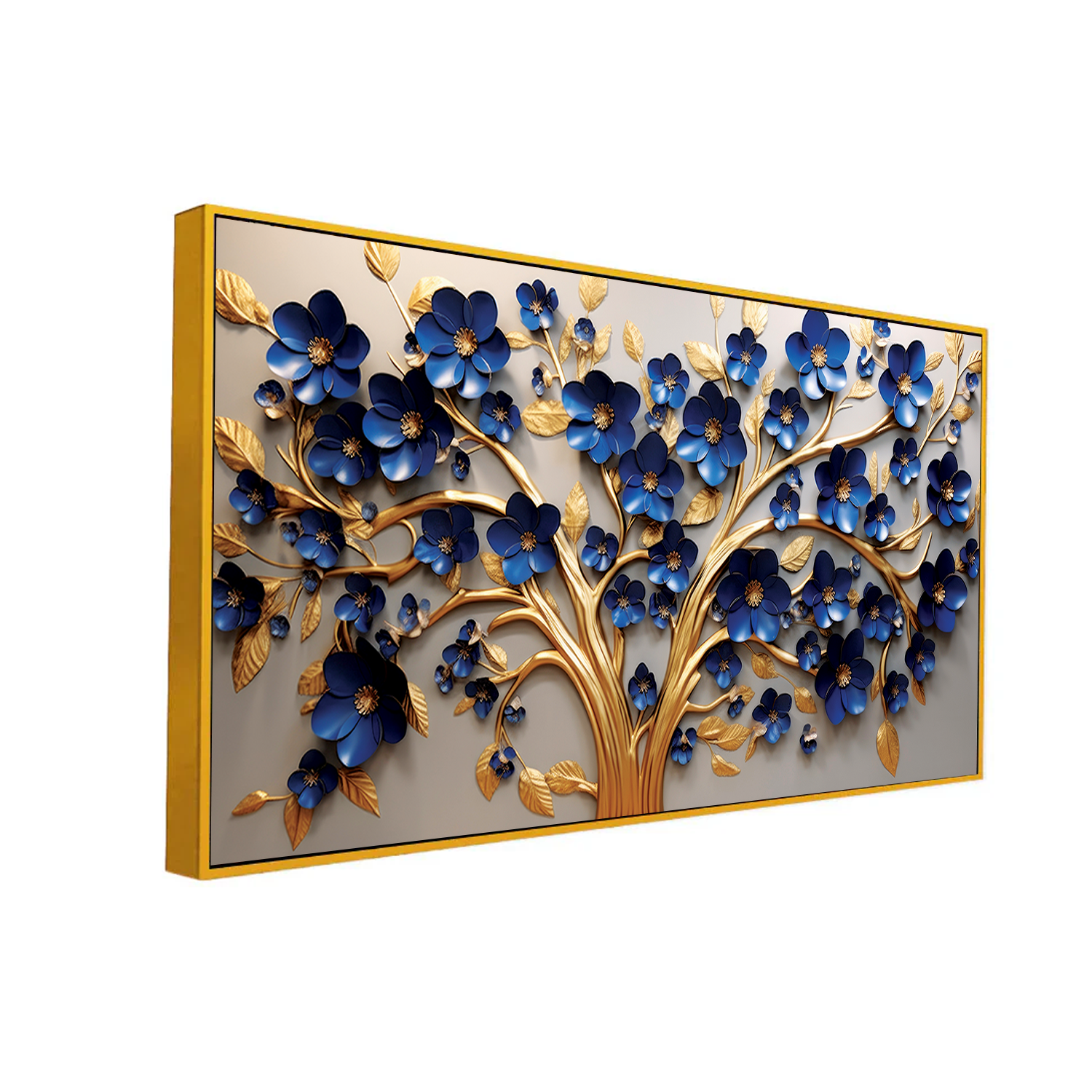 Stunning 3D Golden Tree Wall Art – Deep Blue Blossoms with Gold Accents on Light Canvas