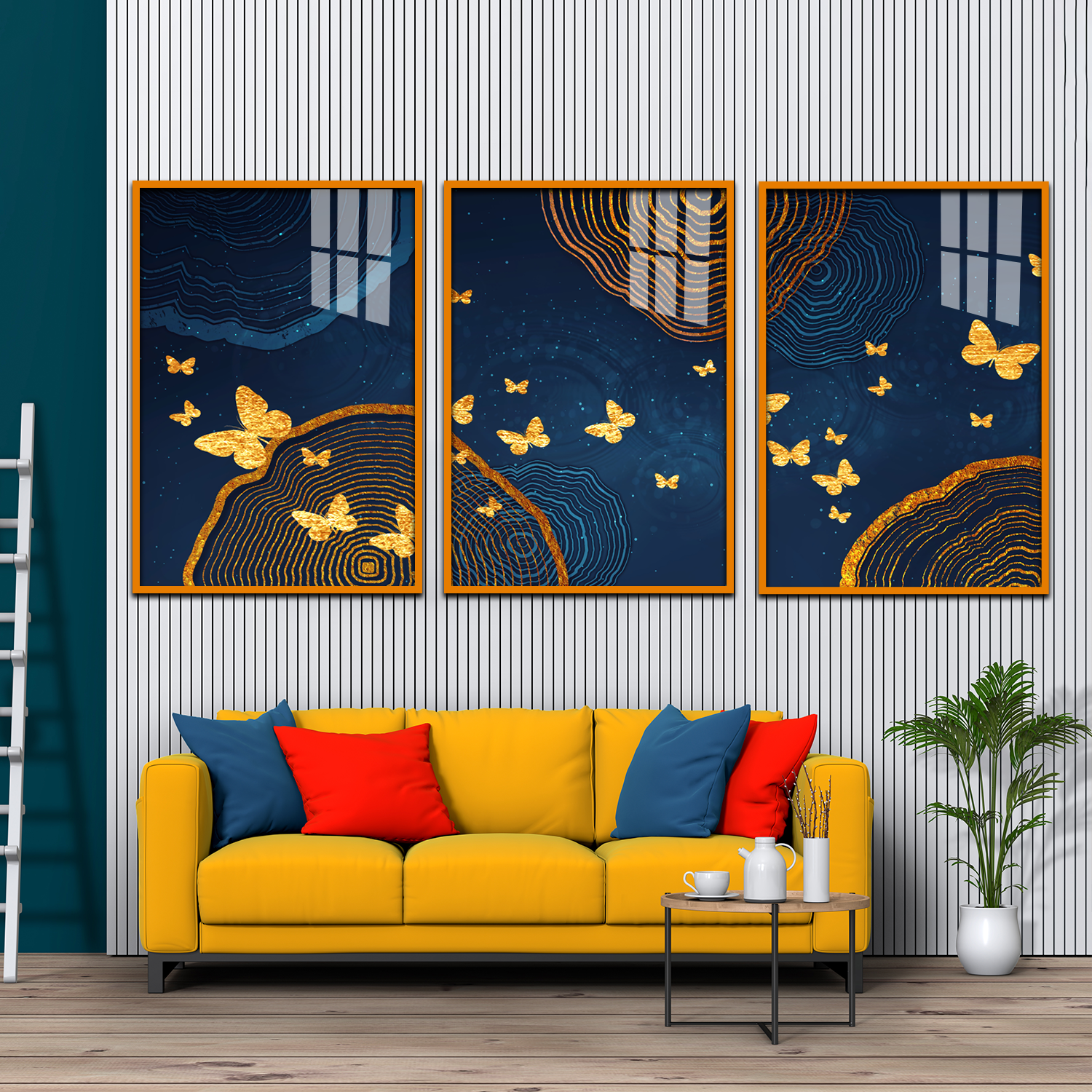 Golden Butterflies & Tree Rings Abstract Acrylic Wall Art - 3 Piece Canvas Set