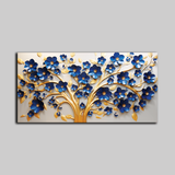 Stunning 3D Golden Tree Wall Art – Deep Blue Blossoms with Gold Accents on Light Canvas