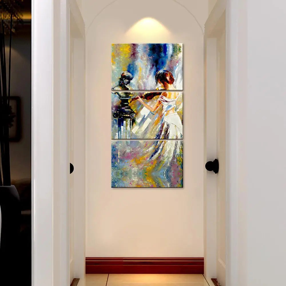 Girl Playing Violin Wall Painting Wooden Framed 3 Pieces Canvas Painting