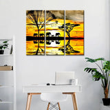 Beautiful Sunset with Elephant Group 3 Pieces Wall Painting with Wooden Framed