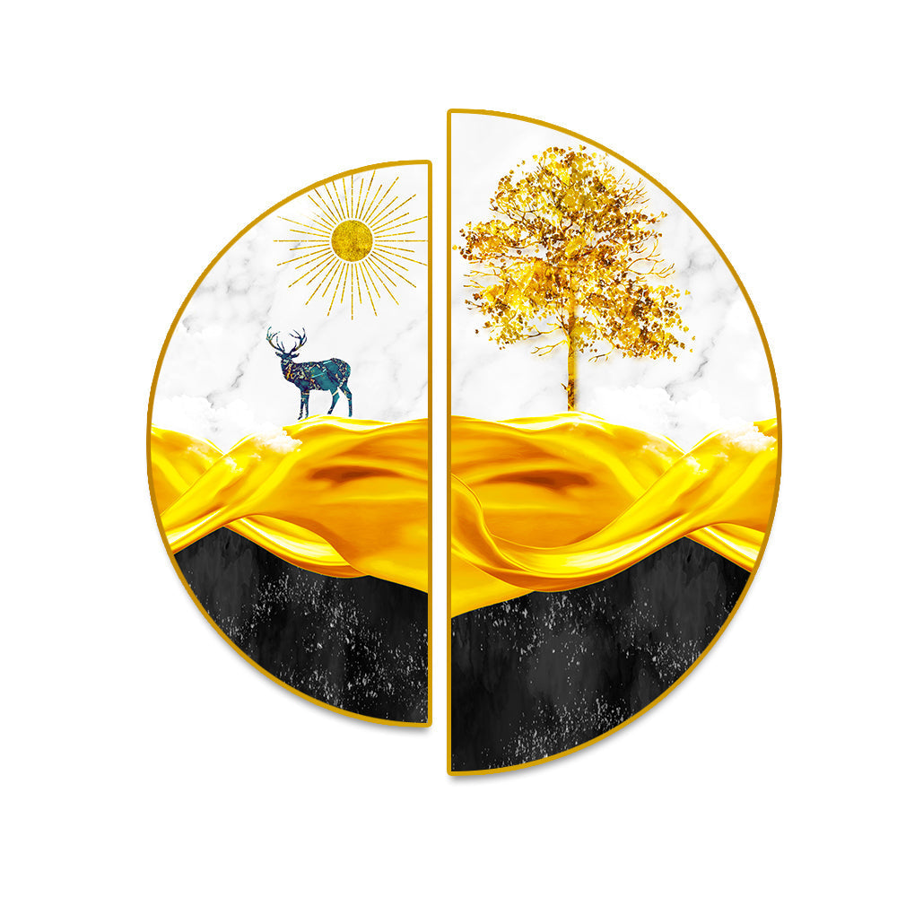 Golden Trees, Mountains, Semi Circle Canvas Wall Art & Paintings