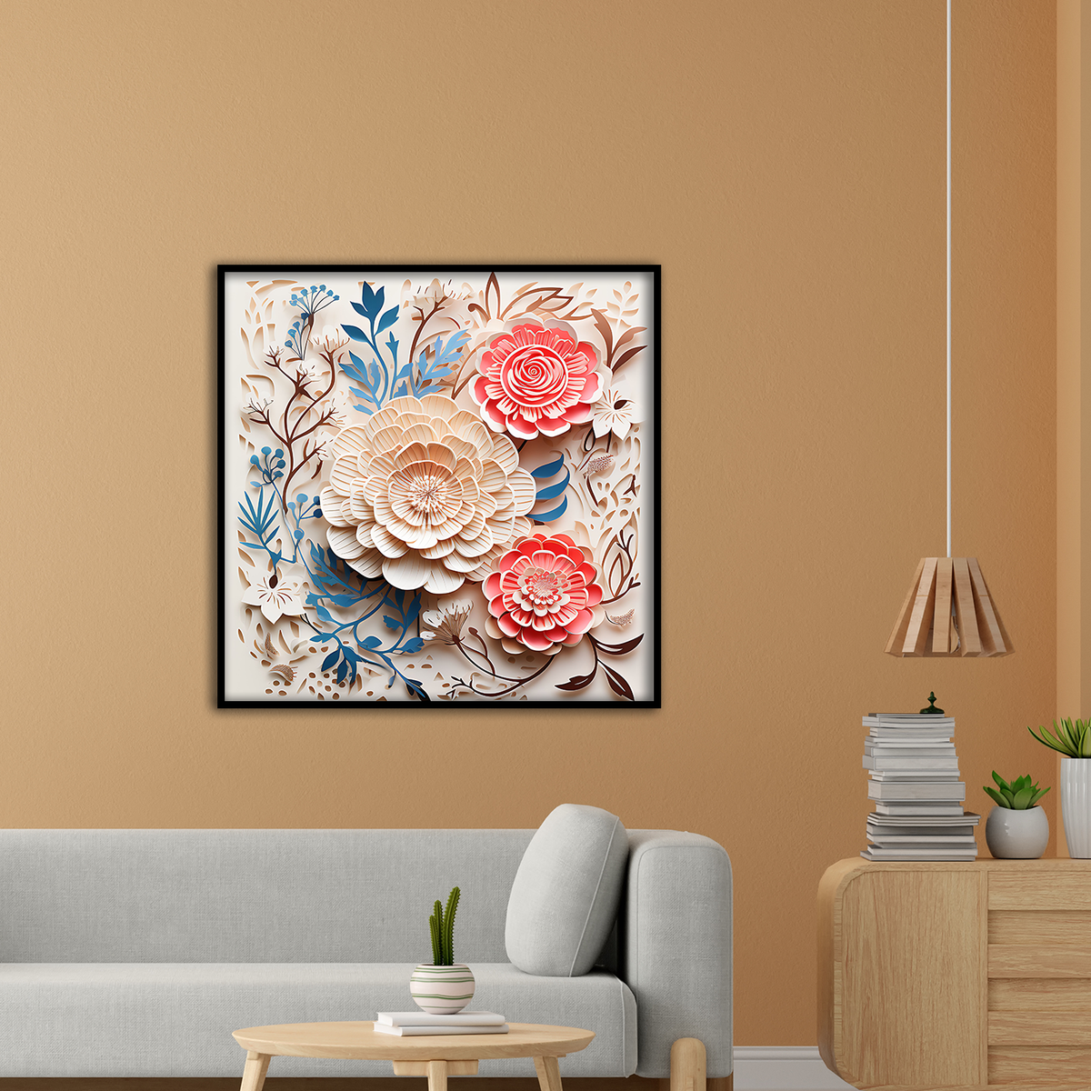 3D Floral Wall Art – Layered Beige and Coral Paper Flowers with Botanical Accents in Black Frame