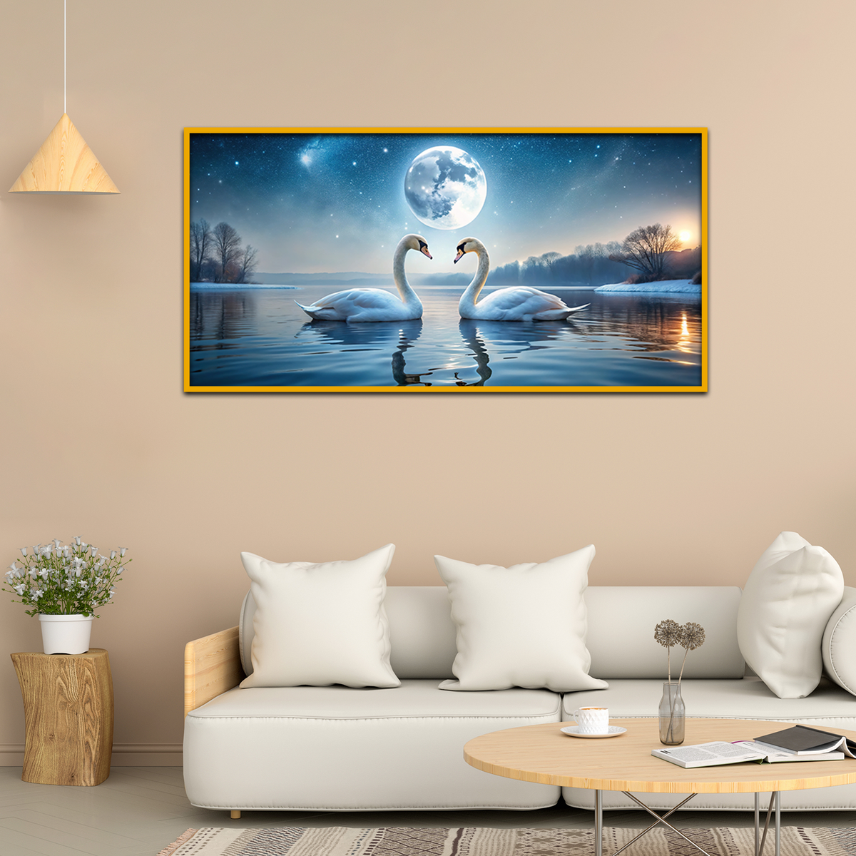 Romantic Scenery Swans Birds Frozen Lake Full Moon Winter Night