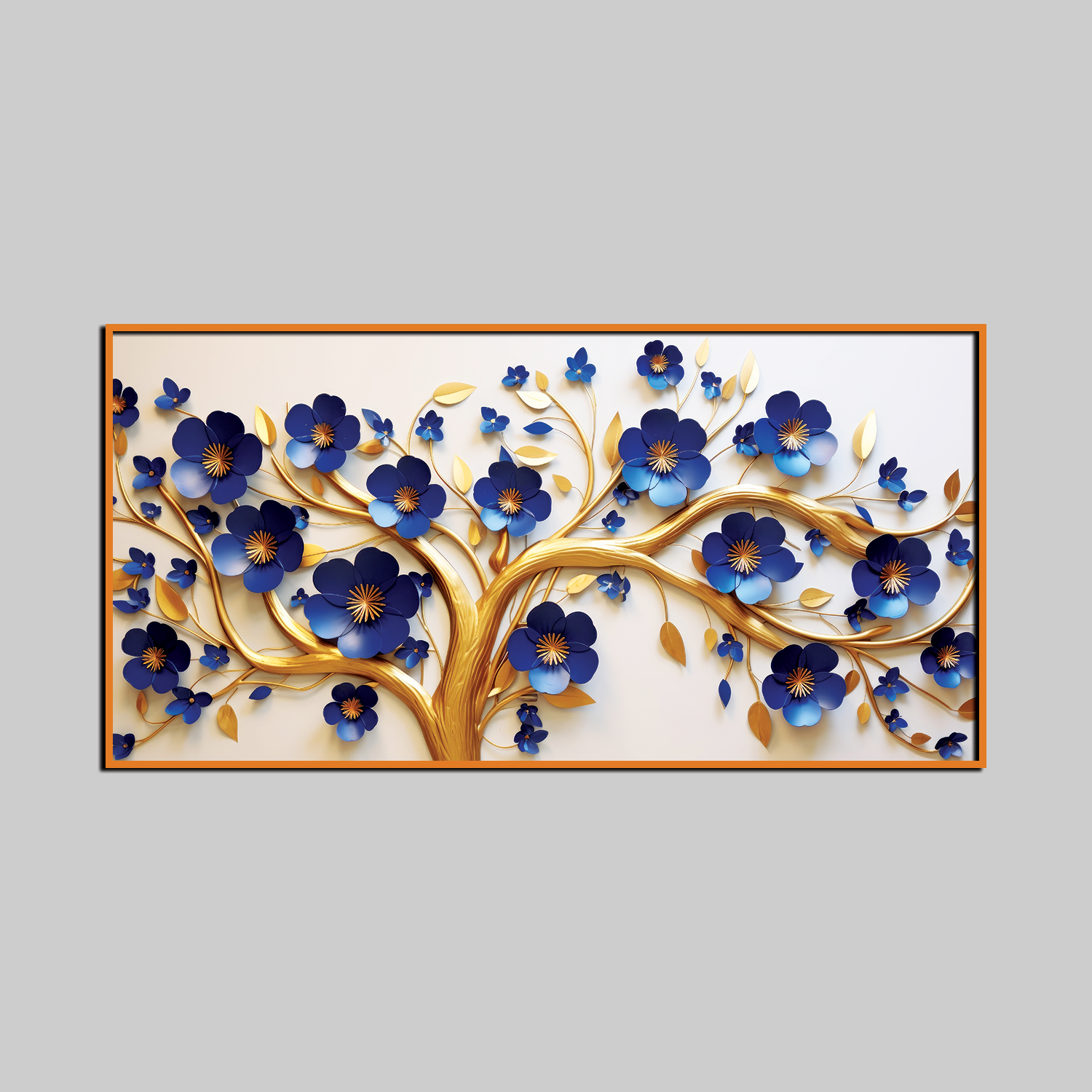 Elegant 3D Golden Tree Wall Art – Bold Blue Blossoms with Flowing Gold Branches