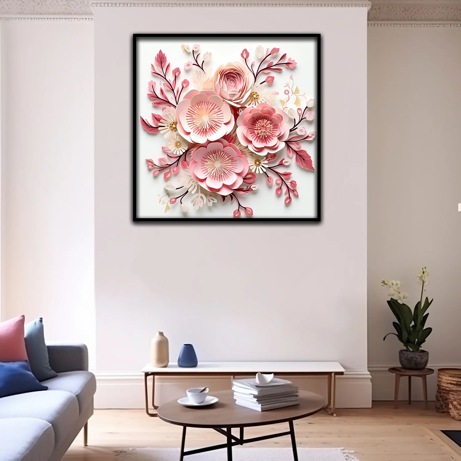 3D Floral Wall Art – Elegant Pink and Blush Paper Flower Arrangement with Dark Rose Accents in Black Frame