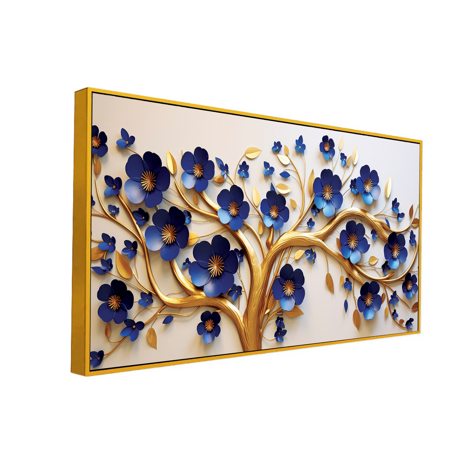 Elegant 3D Golden Tree Wall Art – Bold Blue Blossoms with Flowing Gold Branches