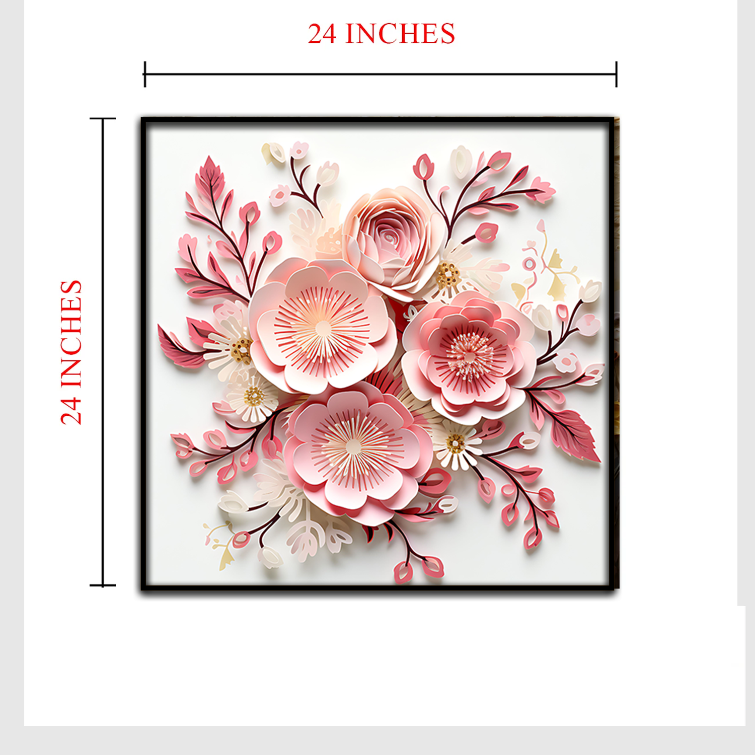 3D Floral Wall Art – Elegant Pink and Blush Paper Flower Arrangement with Dark Rose Accents in Black Frame