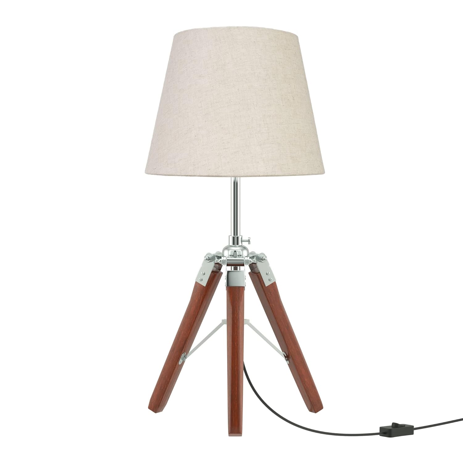 Tripod Table Lamp Wooden Brown Polished and Stainless Steel 19 Inches Height with 10 inches Off White Lampshade