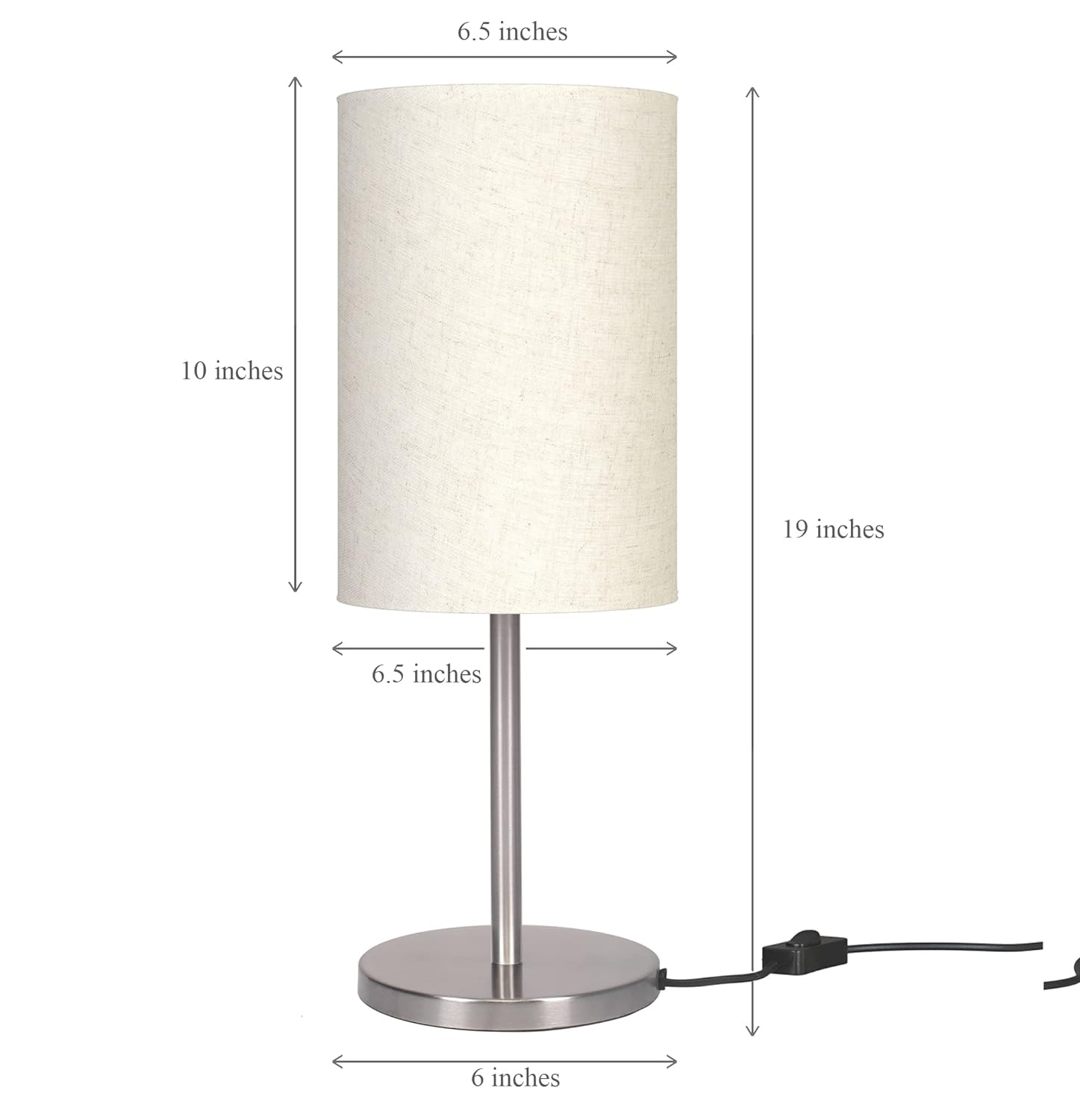 Bedroom Table Lamp Sleek Silver 19 inches Height with Off White Cylinder Lampshade