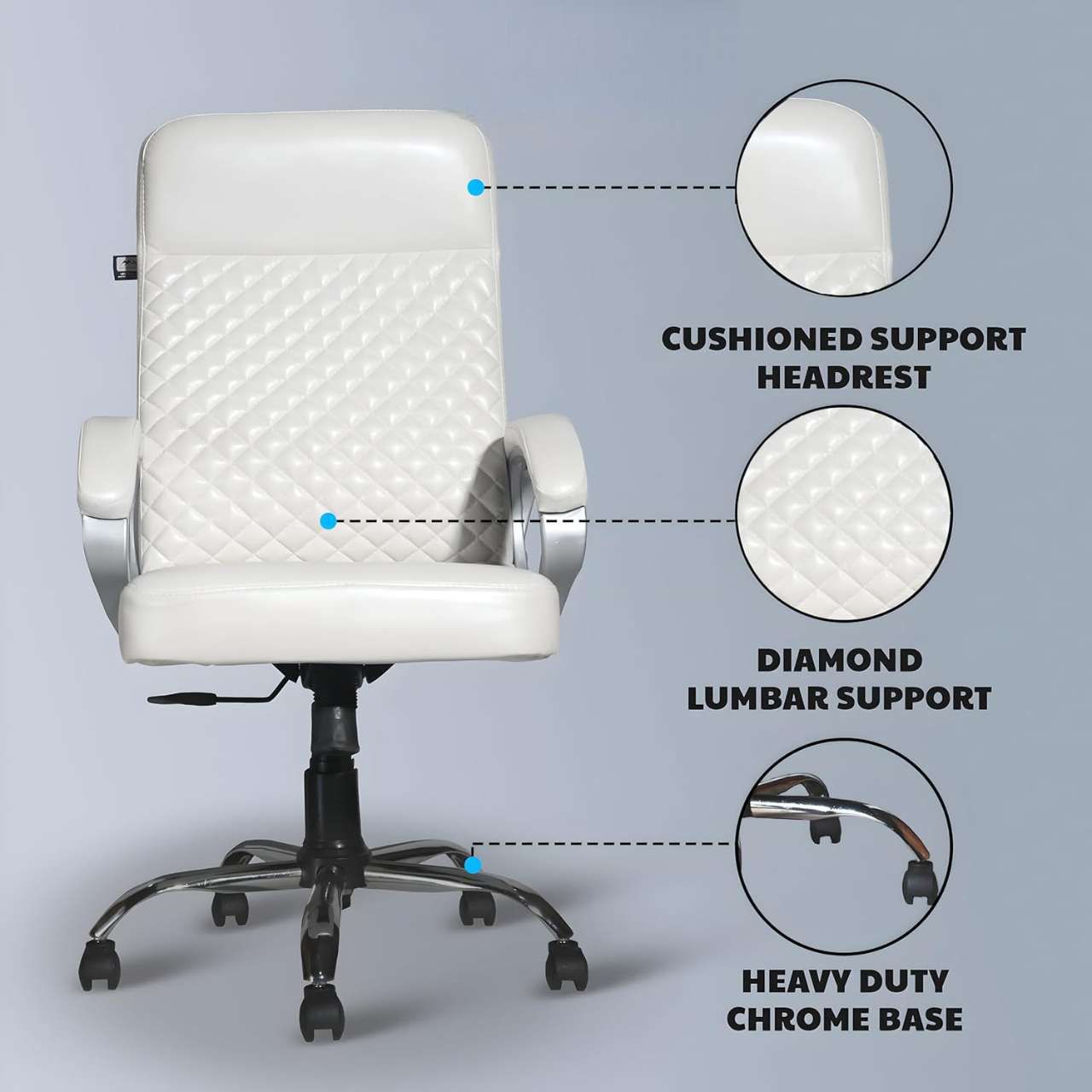 Premium White Leatherette Office Chair with Fixed Armrests | Heavy Duty Chrome Base | Home Office Desk Swivel Seat